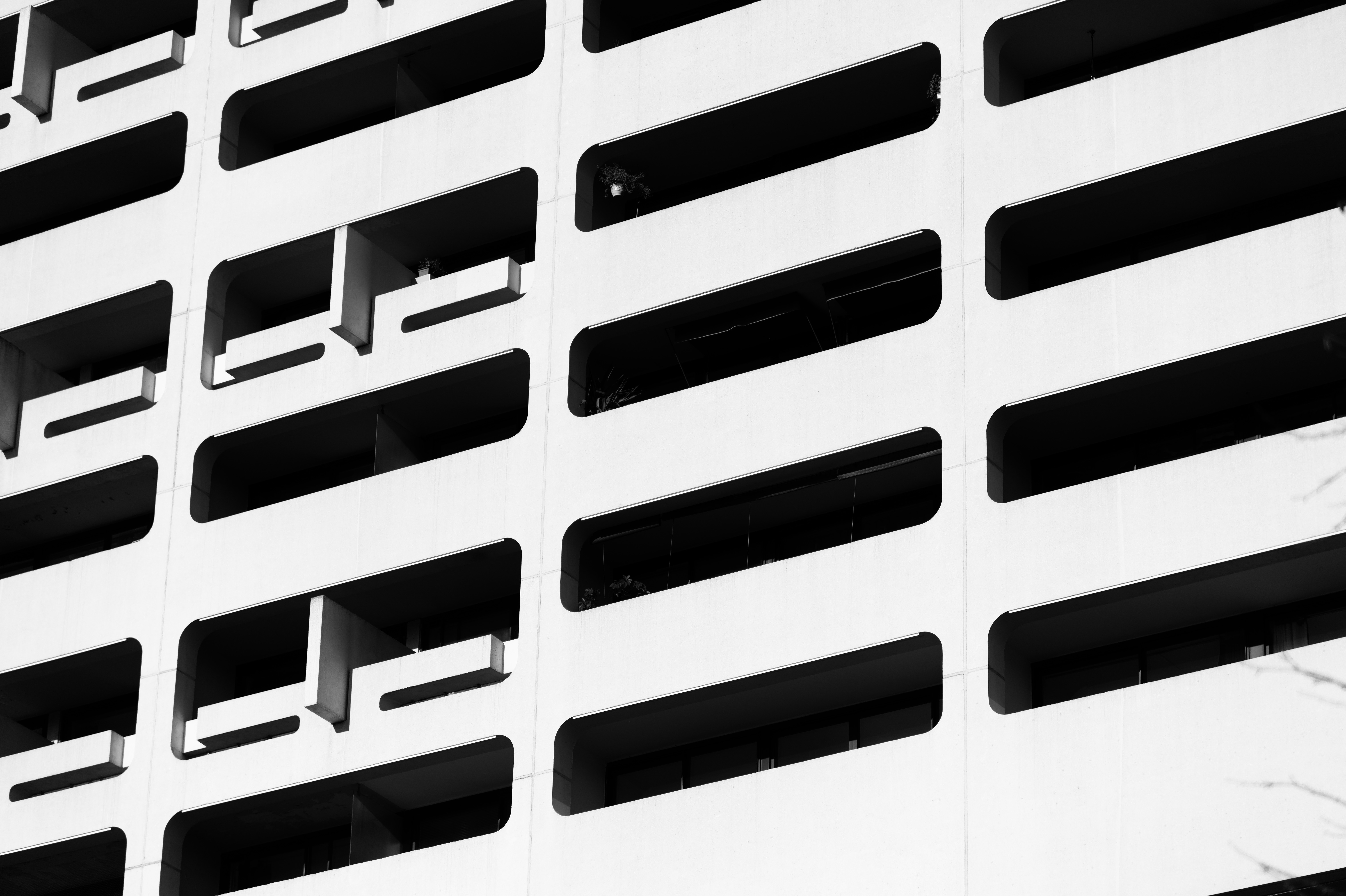 Close-up of facade grid with rounded window openings and interior greenery